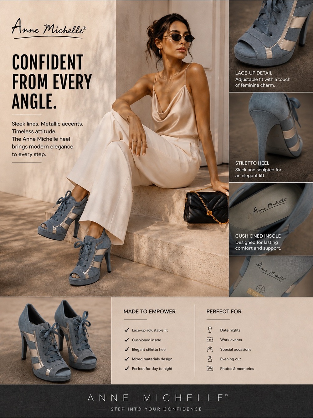 Anne Michelle Gray-Blue Lace-Up Peep-Toe Stiletto Heels